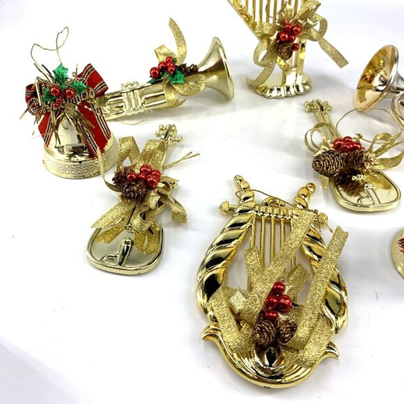 Gold Christmas Ornaments Musical Instruments Plastic 6" Lot of 8 Vintage - Picture 4 of 5